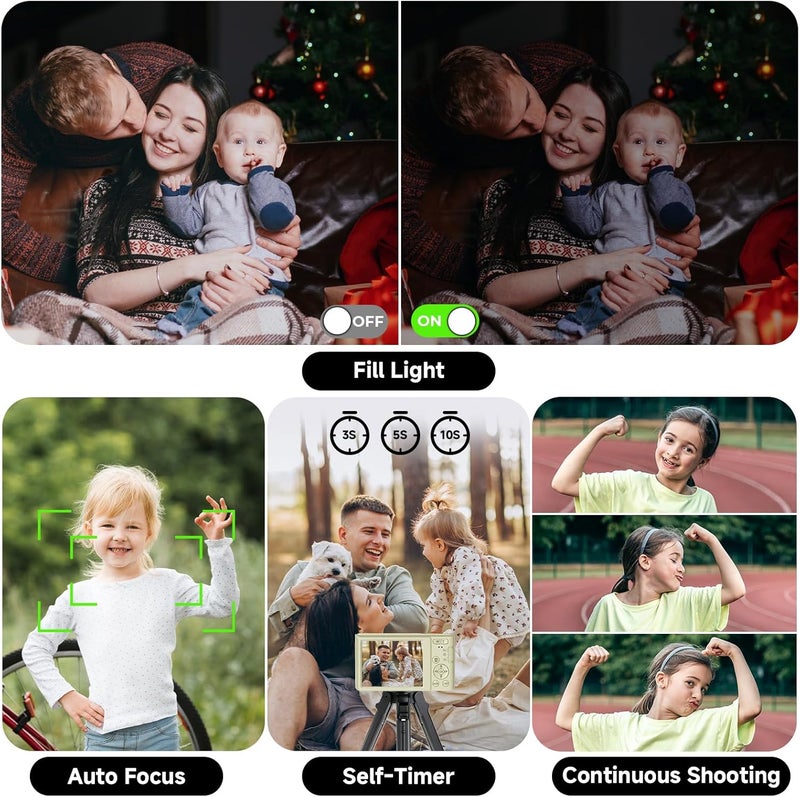 ceye Digital Camera, FHD 4K 44MP Digital Camera, 16X Digital Zoom, Digital Point and Shoot Camera with 3-LED Fill Lights, 64GB SD Card, Compact Camera for Kids Teen Boys Girls, Cream - Image 4